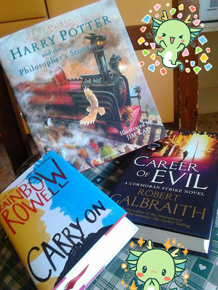 my hardcovers copies of HP illustrated ed. by Jim Kay, Career of Evil by Robert Galbraith and Carry On by Rainbow Rowell 